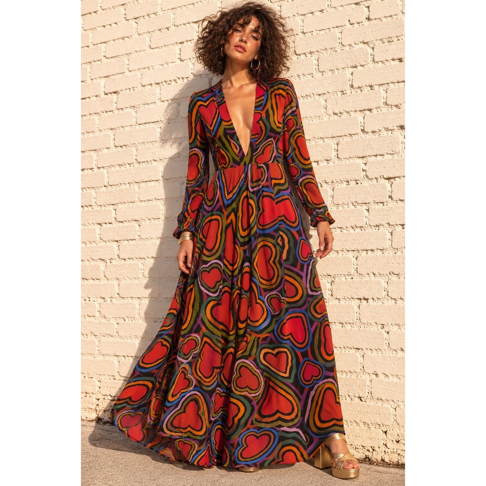 Farm Rio Multicolor Viscose Maxi Dress Rainbow Wild Hearts Size L